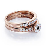 Flower Cluster Design 0.5 TCW Round-Shaped Black Diamond Flush-Channel Bridal Ring Set in  Black Gold