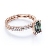 Solitaire 4 Claw 1.50 Carat Emerald Cut Lab Made Alexandrite and Diamond Pave Wedding Ring Sets