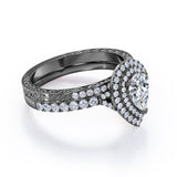 1.75 Carat Double Halo Vintage Moissanite and Diamond Pave Ring Pear Cut Milgrain Bridal Set in Rose Gold
