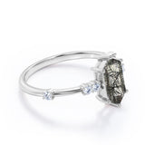 Asymmetric Six Prong 1.10 Carat Hexagon Cut Natural Black Rutilated Quartz And Diamond Seven Stone Engagement Ring In Black Gold