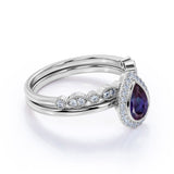 Classic 1.50 Carat Pear Shape Lab Created Alexandrite and Diamond Halo Art Deco Bridal Set Rings