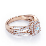 Double Infinity Split Shank - 1.4 Carat Round Shaped Moonstone and diamond - Flush Cluster Halo Engagement Ring in White Gold