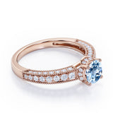 Classic Four Prong 1.45 Carat Round Cut Aquamarine And Diamond Vintage Milgrain Engagement Ring In White Gold