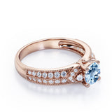 Antique 4 Prong 1.50 Carat Round Cut Aquamarine And Diamond Vintage Milgrain Layered Engagement Ring In White Gold