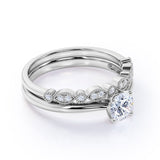 Artdeco 1.25 Carat Round cut Moissanite and Diamond Wedding Bridal Ring Set in 10k White Gold