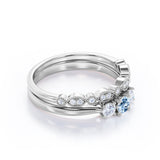 1.10 Carat Round Cut Aquamarine And Diamond Art Deco Wedding Ring Set In White Gold