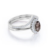 Modern Intricate Snowflake Cluster 1.50 Carat Oval Cut Solid Dendritic Black Brown Rutilated Quartz and Diamond Pave Curved Band Wedding Ring Sets for Her