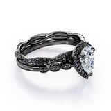 Eternity Crossover 1.75 TCW Pear Shaped Moissanite with Lab Created Black Diamond Halo-Vintage Style Wedding Ring Set in White Gold