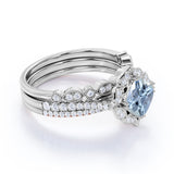 Art Deco 2 ct Cushion Aquamarine Trio Bridal Ring Set