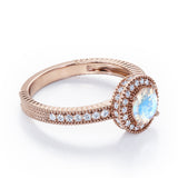 Decorative Halo 1 carat Round Moonstone and Diamond Milgrain Engagement Ring in White Gold