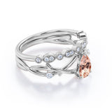 1.35 Carat pear cut Morganite and Diamond Halo art deco Wedding Ring Set in Rose Gold