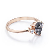 1.10 ct Pear Black Rutilated Quartz Three Stone Engagement Ring