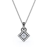 Bezel Set 1.10 Carat Princess Certified Moissanite and Diamond Halo Single Bail Pendant Necklace in Black Gold