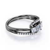 Triple Stone - 0.5 TCW Princess Cut Diamond - Tension Pave Split Shank Engagement Ring - 10K White Gold