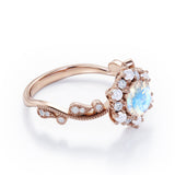 Floral Halo 0.7 carat Round Moonstone and Diamond Engagement Ring in White Gold