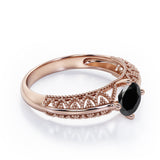 Beaded Four Prong 1 Carat Round Cut Black Diamond Solitaire Vintage Engagement Ring In White Gold