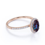 Minimalist 1.50 Carat Oval Cut Lab Made Alexandrite and Diamond Halo Pave Engagement Ring