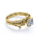 Floral 1.25 Carat Cushion Cut Moissanite Vintage Bridal Set