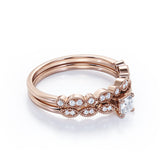 Scalloped Bead Décor 0.7 carat Princess Moissanite and diamond wedding Ring Set in Rose Gold