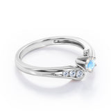 Curved Band - Six Prongs 0.5 carat Round Moonstone and Moissanite Artistic Engagement Ring in White Gold