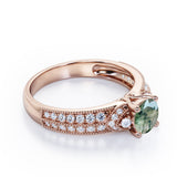 Antique 4 Prong 1.50 Carat Round Cut Green Moss Agate And Diamond Vintage Milgrain Layered Engagement Ring In Black Gold