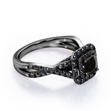 Rounded Square Double Halo -  1.55 TCW Princess Cut Lab Created Black Diamond - Infinity Pave Engagement Ring in White Gold
