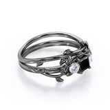 1.25 carat princess cut Black Diamond nature inspired wedding ring set in white gold