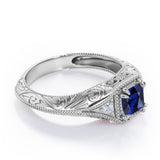 Vintage Milgrain 1.10 Carat Princess Cut Sapphire And Diamond Sharp Eight Claws Art Deco Engagement Ring In Rose Gold