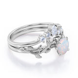 Nature Inspired 1.20 Carat Round Cut White Fire Opal And Diamond Leaf Vine Art Wedding Ring Set In White Gold For Her