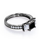 Past, Present and Future 1.25 Carat Princess Cut lab created Black Diamond Vintage Milgrain Engagement Ring In White Gold
