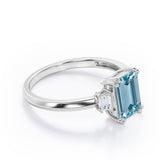 Eight Prongs 1.10 Carat Emerald Cut Aquamarine And Diamond Three Stone Engagement Ring In Rose Gold