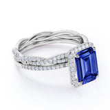 Timeless Halo Set 2.25 Carat Emerald Cut Sapphire and Diamond Micro Pave Bridal Ring Set with Infinity Band in White Gold