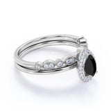 Antique Vintage 1.50 Carat Pear cut Artdeco Halo Bridal Wedding Ring Set with Lab Black Diamond for Her in White Gold