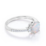 Hexagon Set 1.35 Carat Brilliant Round Ethiopian Opal And Diamond Pave Engagement Ring In White Gold.