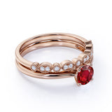 Artdeco 1.25 Carat Round cut Lab Ruby and Diamond Wedding Bridal Ring Set in White Gold