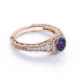 Vintage Filigree 1.35 Carat Round Cut Lab Created Alexandrite And Diamond Eight Prong Halo Engagement  Ring In White Gold