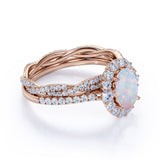 Snowflake 1.75 Carat Oval Shape Fire Opal and Diamond Bridal Ring Set with Crown Band in Rose Gold