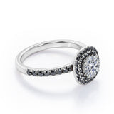 Cushion Double Halo - 1.5 TCW Round Cut Moissanite with Lab Created Black Diamond - Engagement Ring with Pave Accents in White Gold