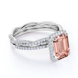 Limited Time Sale: 2 Carat Art Deco emerald cut Morganite and Diamond Halo Wedding Ring Set