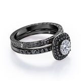 Cushion Double Halo 1.75 TCW Round Brilliant Cut Moissanite with Lab Created Black Diamond Bridal Set with Pave Accents in Black Gold