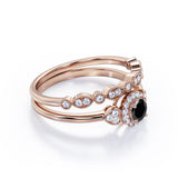 1.35 Carat Round Cut Lab Grown Black Diamond Halo Wedding Ring Set In White Gold