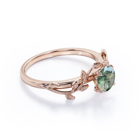 Vintage Leaf Design 1 Carat Round Cut Natural Transparent Dendritic Moss Green Agate Solitaire Engagement Ring in Rose Gold for Women