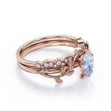 1.2 Carat Pear Cut Aquamarine And Diamond Leaf Art Deco Wedding Ring Set In White Gold