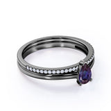 Dainty Single Stone 0.75 Carat Pear Shape Lab Created Alexandrite and Diamond Pave Wedding Ring Sets