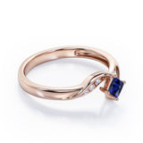 Twisted 7 Stone Ring - 0.55 carat Princess Blue Sapphire and Moissanite Elegant Engagement Ring in Rose Gold