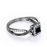 1.25 Carat Princess Cut Black Diamond - Half Crossover Pave - Halo Engagement Ring in White Gold