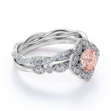 Art Deco 1.50 Carat Round Cut Peach Morganite and Diamond Bridal Ring Set in White Gold