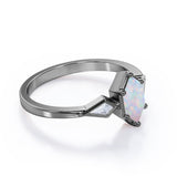 Elongated 1.10 Carat Hexagon Shaped Genuine Opal And Diamond Three Stone Trilogy Engagement Ring In Black Gold