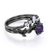 Nature Inspired 1.20 Carat Round Cut Lab Created Alexandrite And Diamond Leaf Vine Art Wedding Ring Set In White Gold For Her