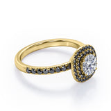 Cushion Double Halo - 1.5 TCW Round Cut Moissanite with Lab Created Black Diamond - Engagement Ring with Pave Accents in White Gold